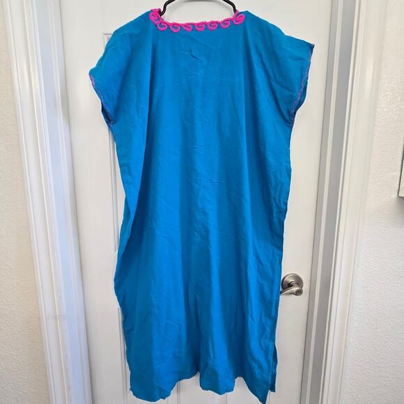 Maya Mexican Dress Embroidered Flowers Chiapas Puebla Bright Aqua Blue Large - Picture 4 of 8